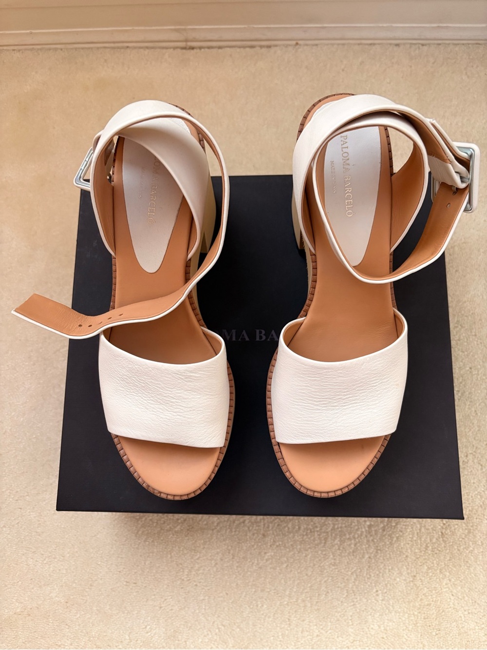 Paloma Barcelo White Leather Ankle-Strap Sandals with Tan Footbed